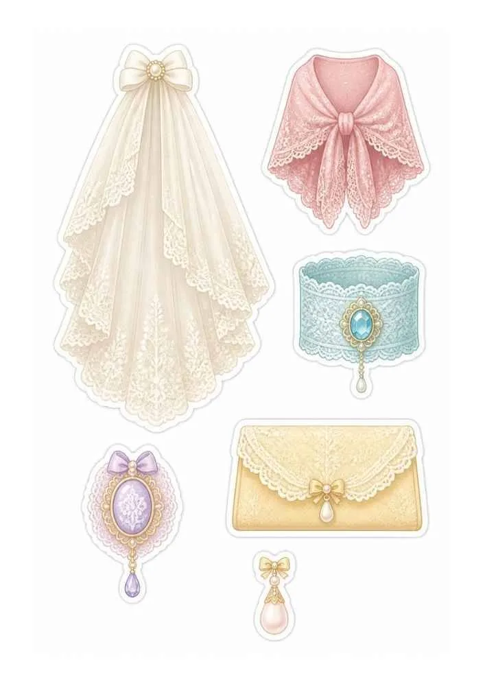 Lace stickers with veil, shawl, choker, clutch, pendant, and brooch.