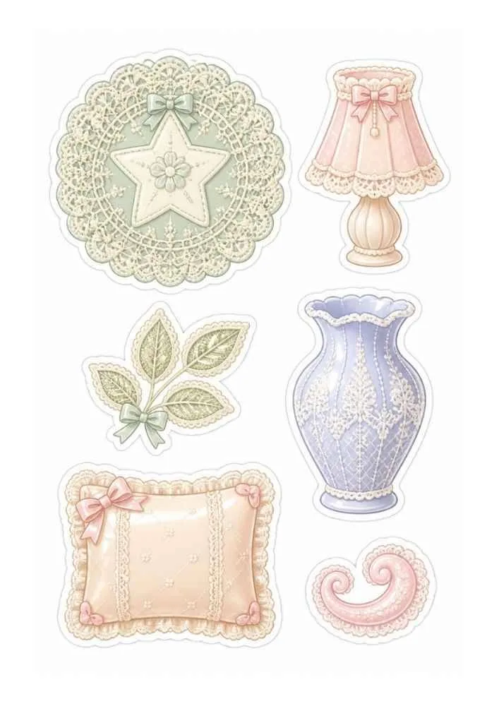 Lace stickers with doily, lamp, vase, pillow, leaves, and trim.