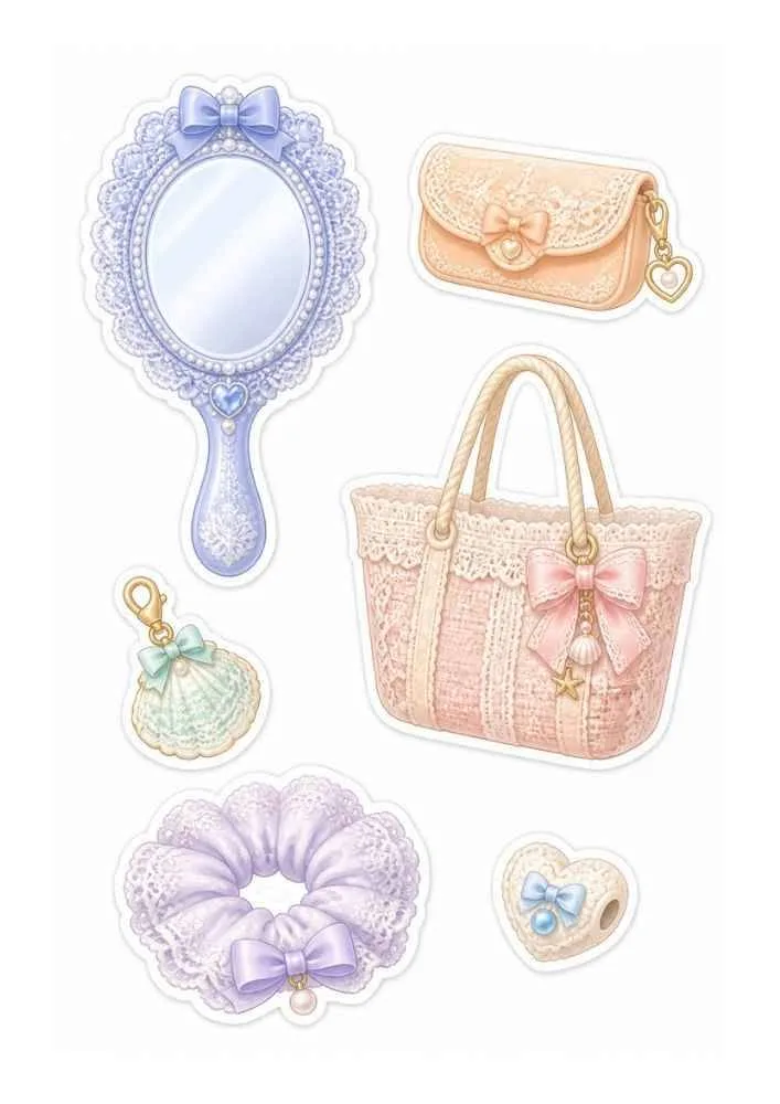 Lace stickers with mirror, tote bag, wallet, shell charm, scrunchie, and heart button.