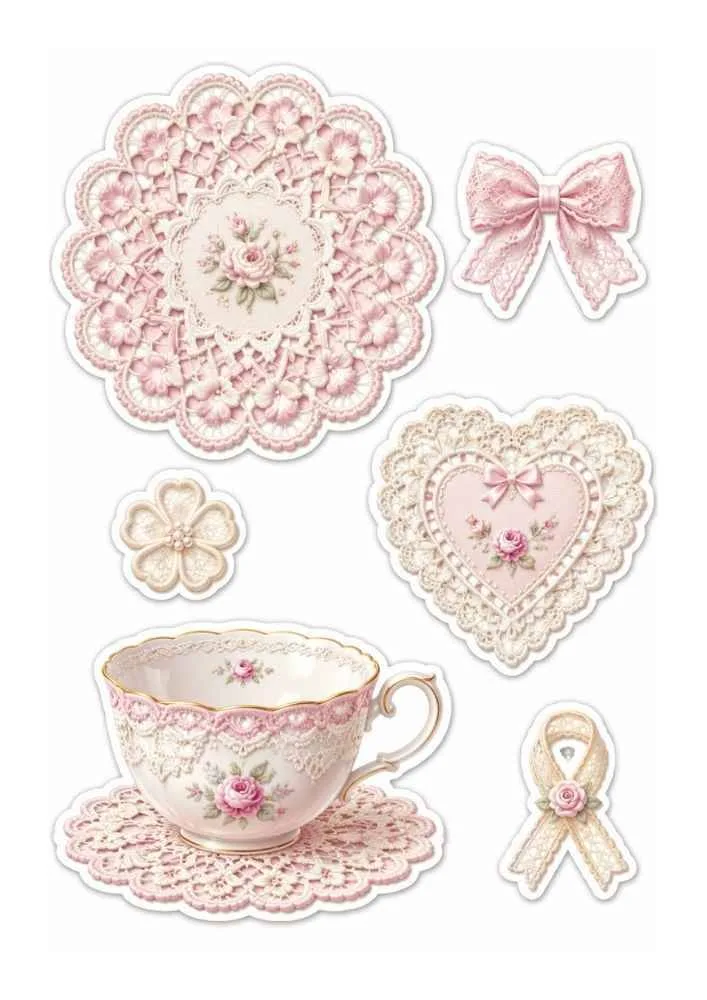 Lace stickers with floral doily, teacup, heart ornament, bow, flower, and ribbon.