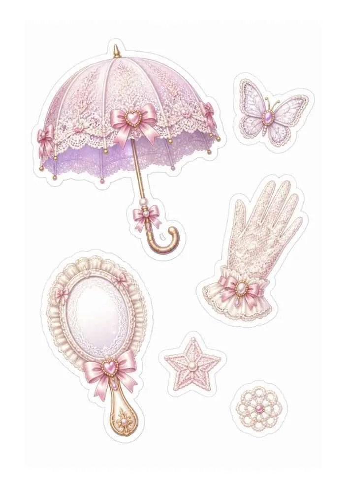 Lace stickers with umbrella, mirror, gloves, butterfly, flower, and star.