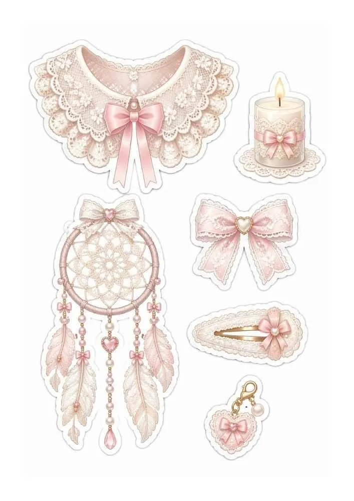 Lace stickers with lace collar, candle, dreamcatcher, bow, hair clip, and heart charm.