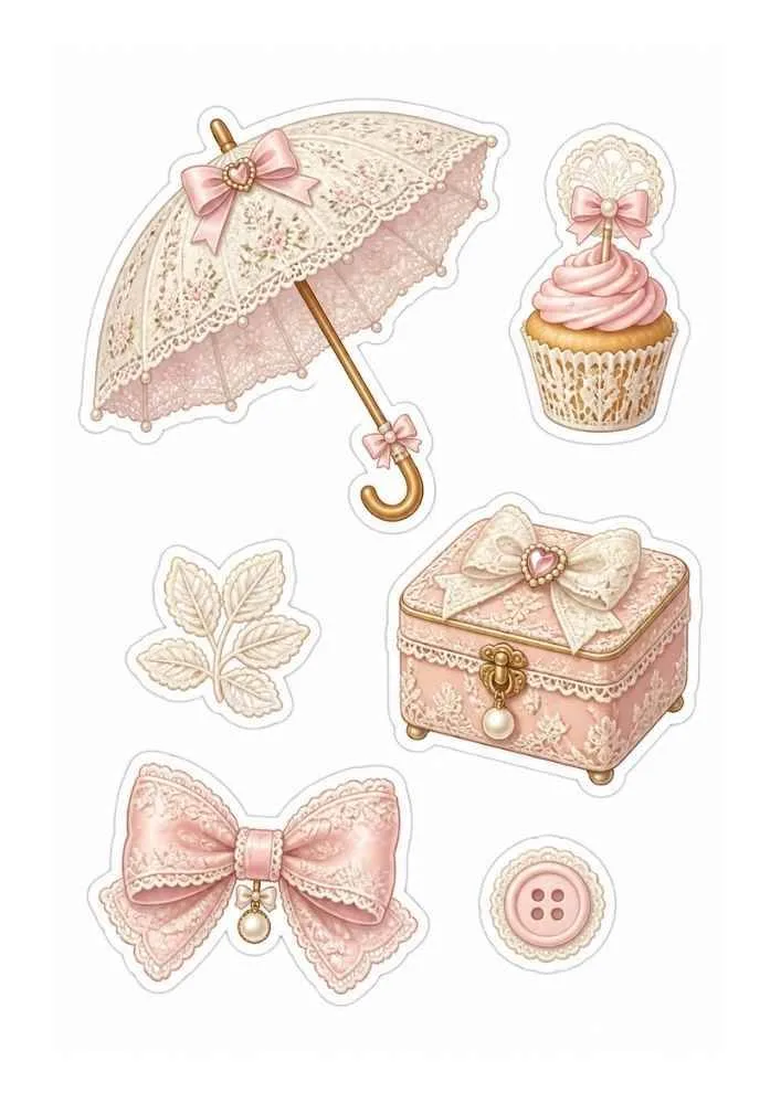 Lace stickers with umbrella, gift box, cupcake, bow, leaf, and button.