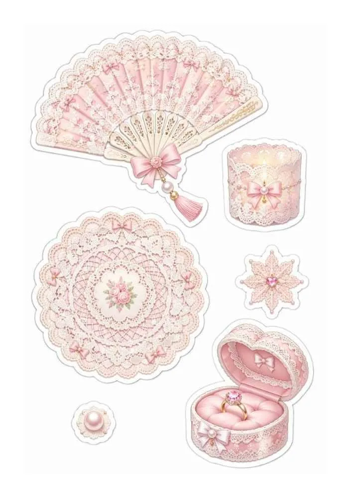 Lace stickers with fan, ring box, candle, floral doily, pearl, and snowflake.