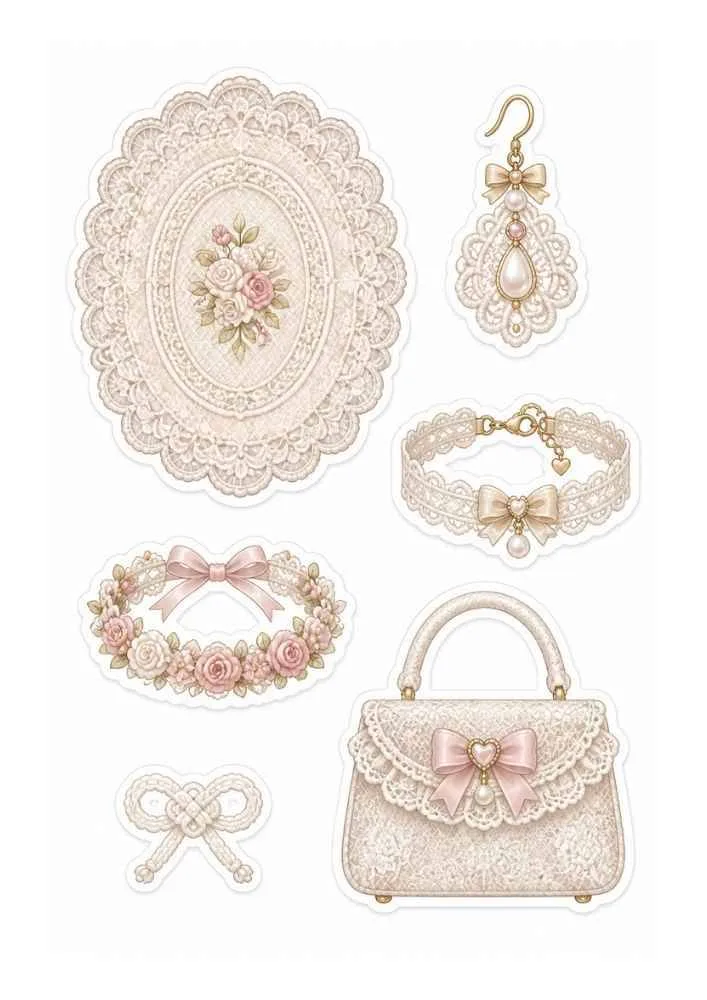 Lace stickers with floral frame, handbag, bracelet, earring, and flower wreath.