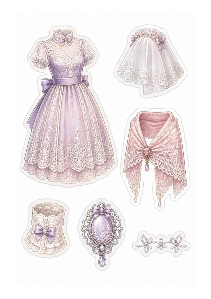 Lace stickers with lace dress, veil, shawl, corset, brooch, and trim.