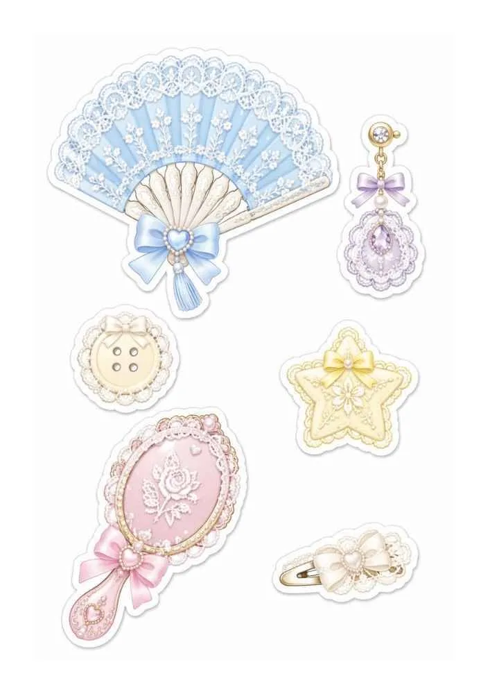 Lace stickers with fan, mirror, button, hair clip, earrings, and star ornament.