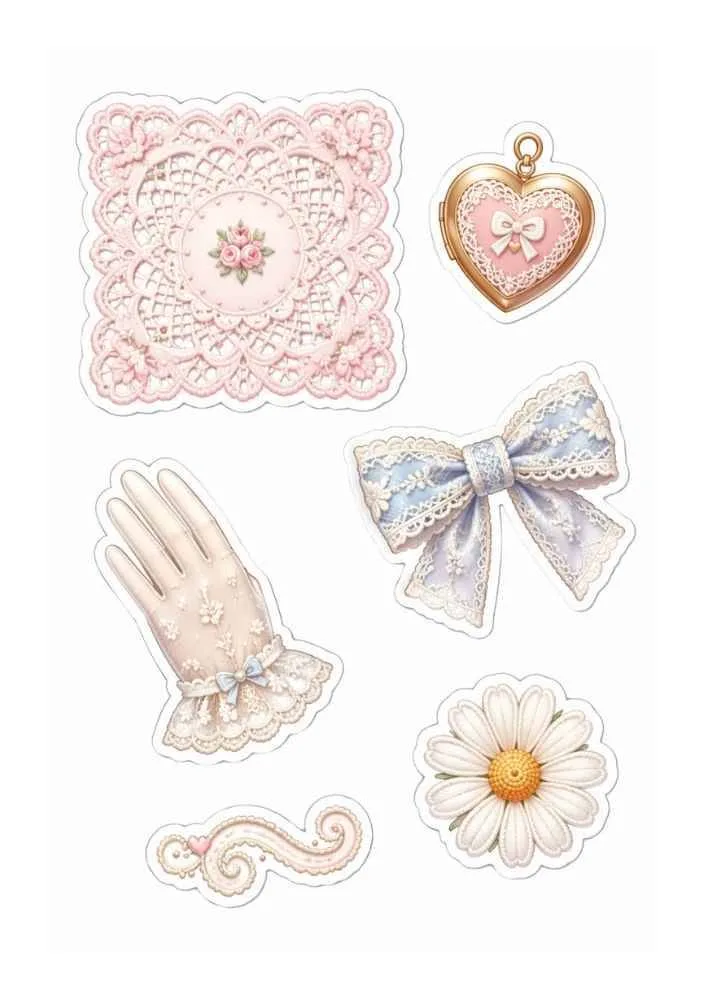 Lace stickers with floral doily, heart locket, bow, glove, daisy, and swirl.