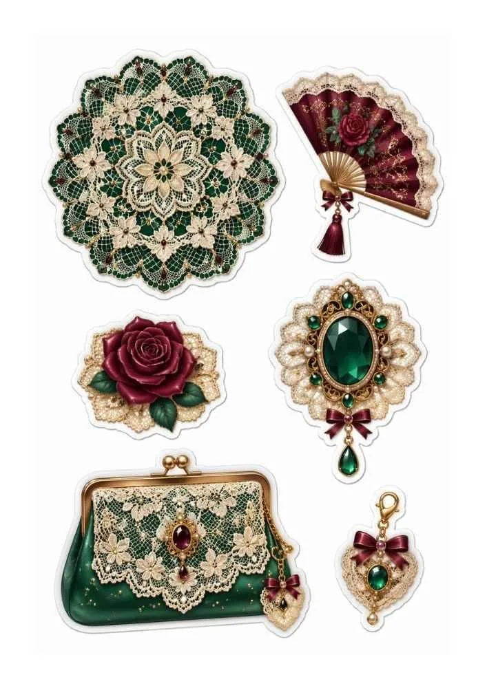 Lace stickers with doily, fan, rose, emerald brooch, purse, and heart charm.