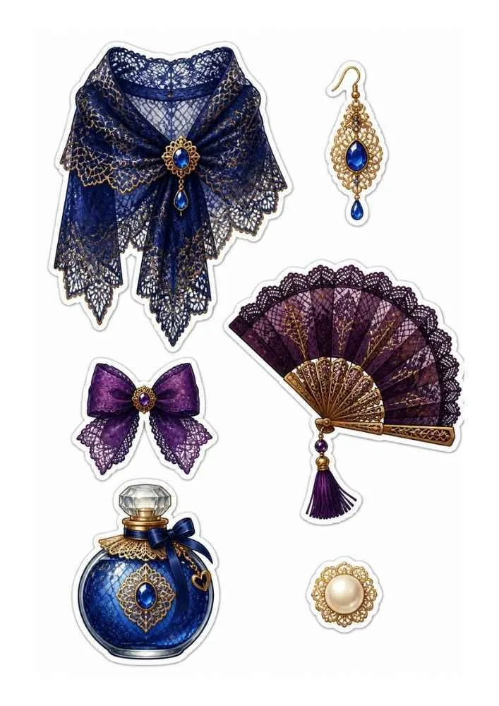 Lace stickers with blue shawl, fan, perfume bottle, bow, earring, and pearl.