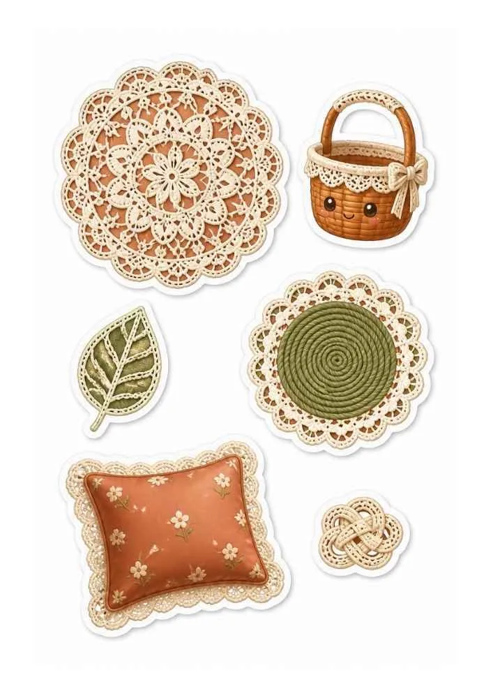 Lace stickers with doily, basket, placemat, pillow, leaf, and decorative knot.