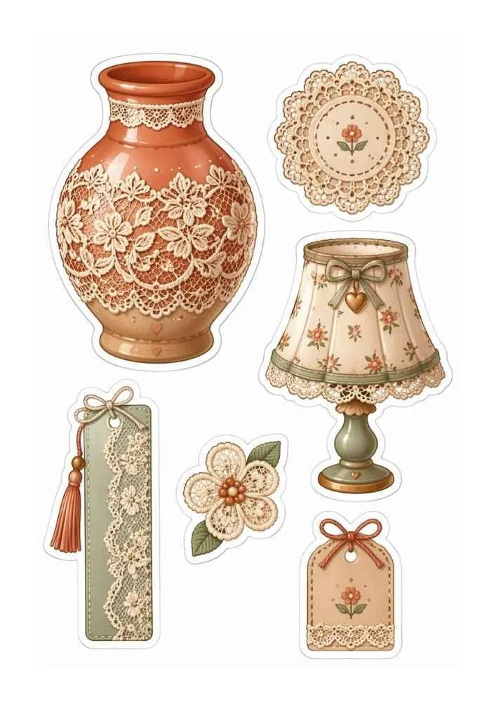 Lace stickers with vase, lamp, bookmark, flower, tag, and lace doily.