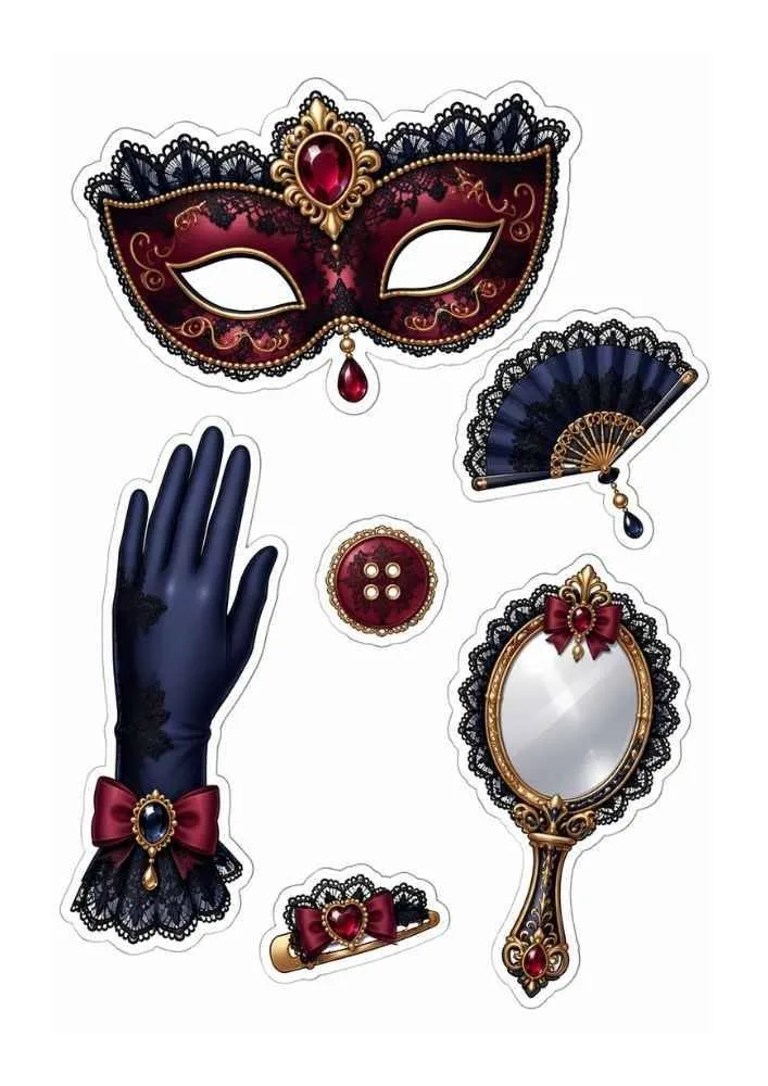 Lace stickers with masquerade mask, fan, gloves, mirror, button, and hair clip.