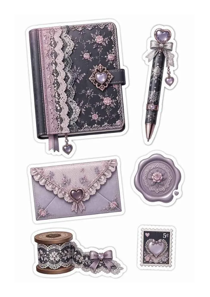 Lace stickers with journal, pen, envelope, wax seal, ribbon spool, and stamp.