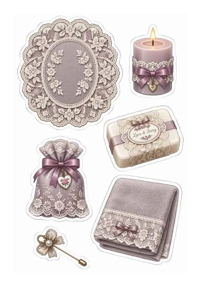Lace stickers with doily, candle, soap, gift pouch, towel, and safety pin.