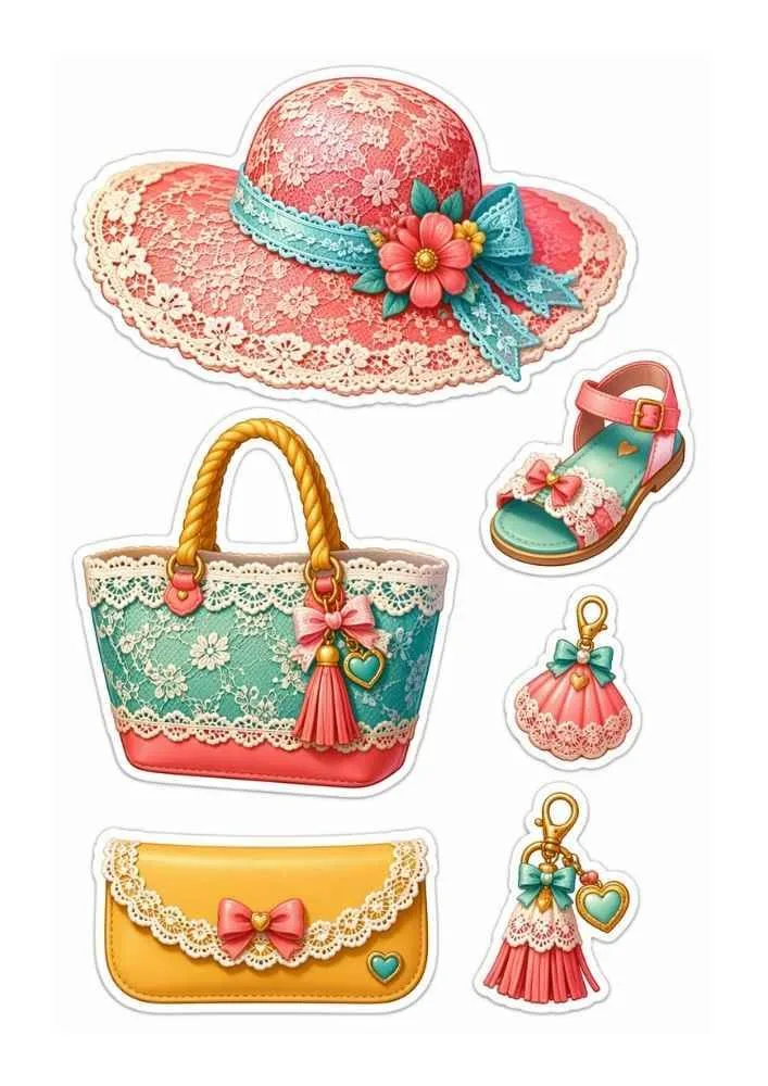Lace stickers with sun hat, handbag, wallet, sandal, and tassel charms.