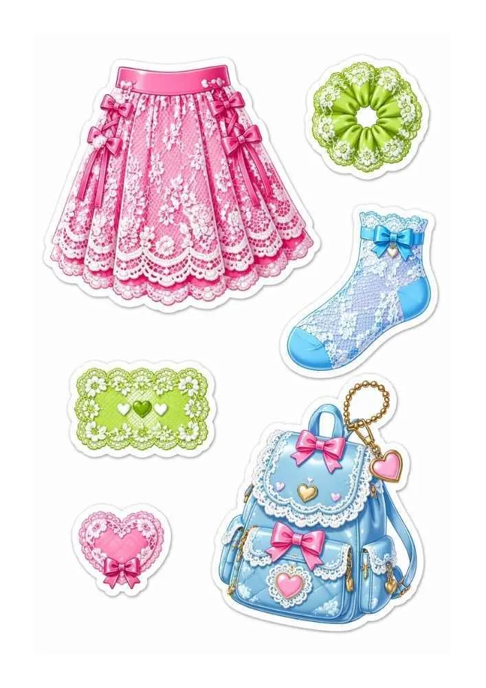 Lace stickers with skirt, backpack, sock, scrunchie, heart patch, and floral label.