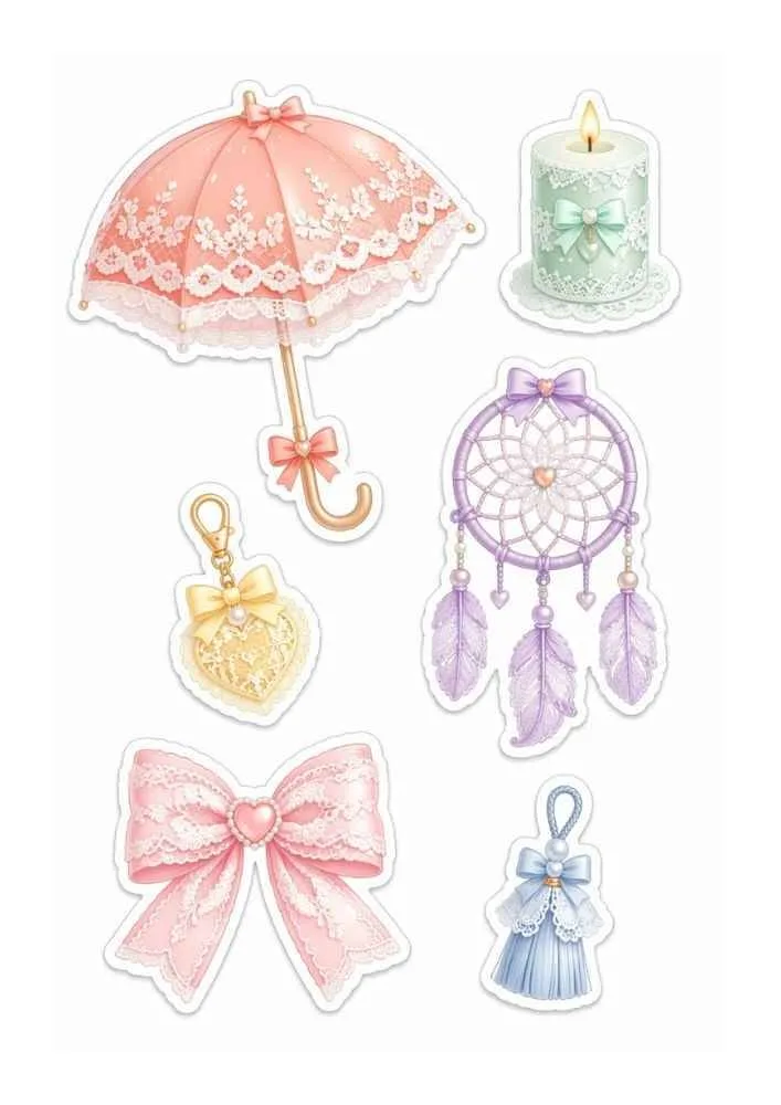Lace stickers with umbrella, candle, dreamcatcher, bow, tassel, and heart charm.
