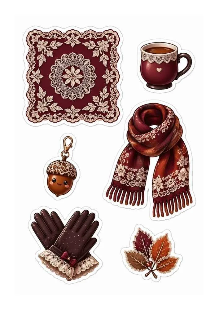 Lace stickers with scarf, teacup, gloves, autumn leaves, acorn charm, and doily.