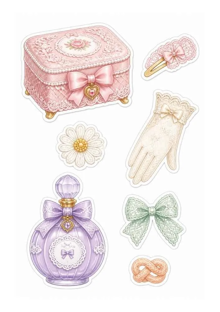 Lace stickers with keepsake box, perfume bottle, glove, flower, bow, and hair clip.