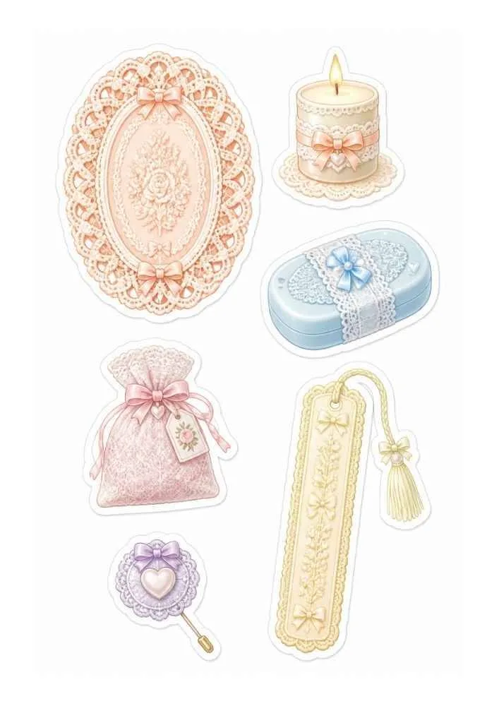 Lace stickers with floral frame, candle, soap, gift bag, bookmark, and heart mirror.