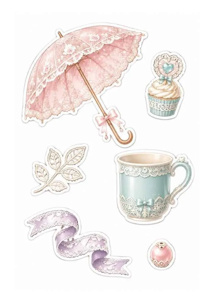 Lace stickers with umbrella, teacup, cupcake, ribbon, leaf, and ornament.