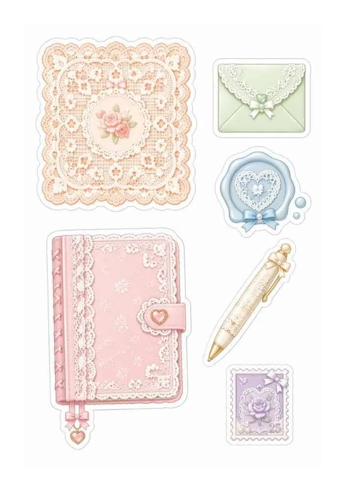 Lace stickers with journal, envelope, wax seal, pen, stamp, and floral doily.