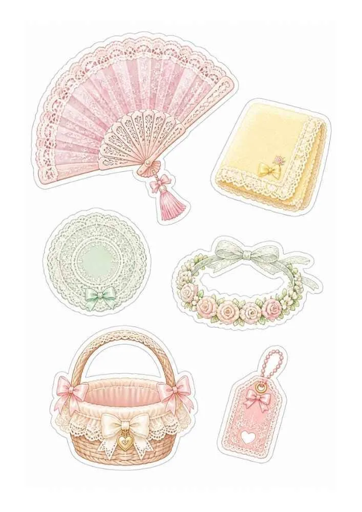 Lace stickers with fan, basket, wreath, tag, handkerchief, and lace doily.