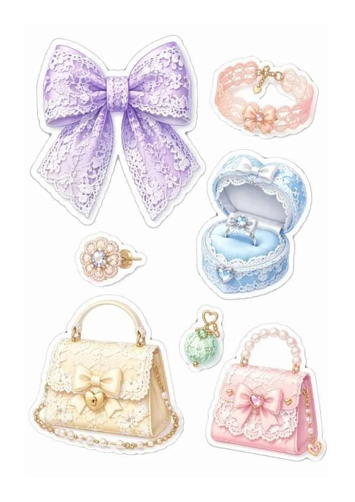 Lace stickers with handbags, jewelry box, bracelet, earrings, and bow.