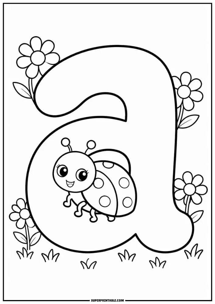 Lowercase letter a with a smiling ladybug, flowers, and grass around it.