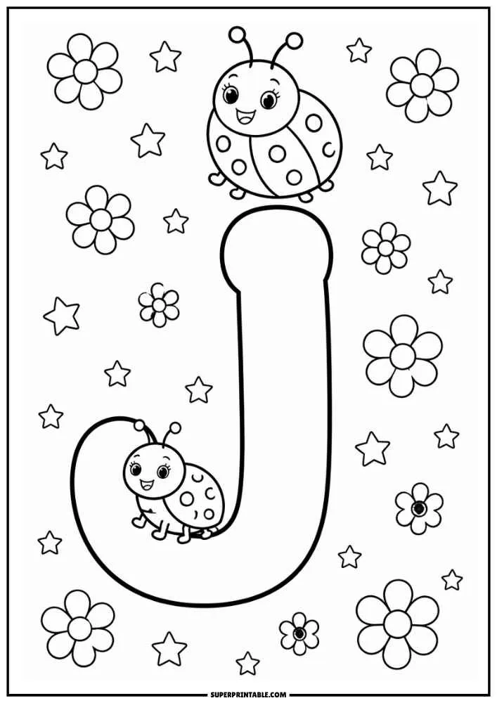 Lowercase letter j with two ladybugs, stars, and flowers.