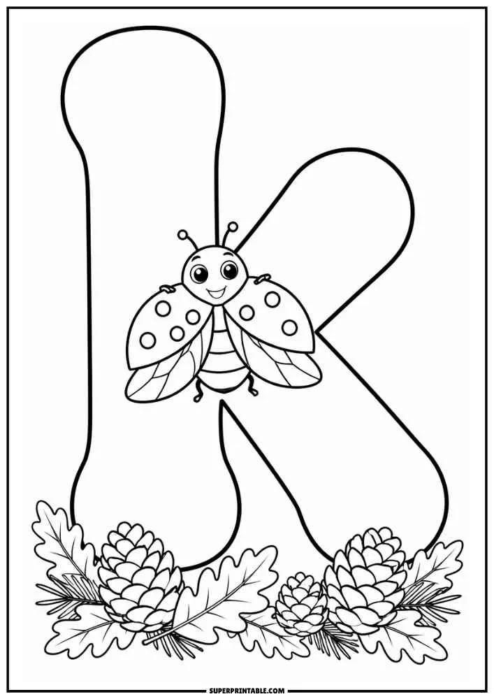 Lowercase letter k with a ladybug, pinecones, and forest leaves.