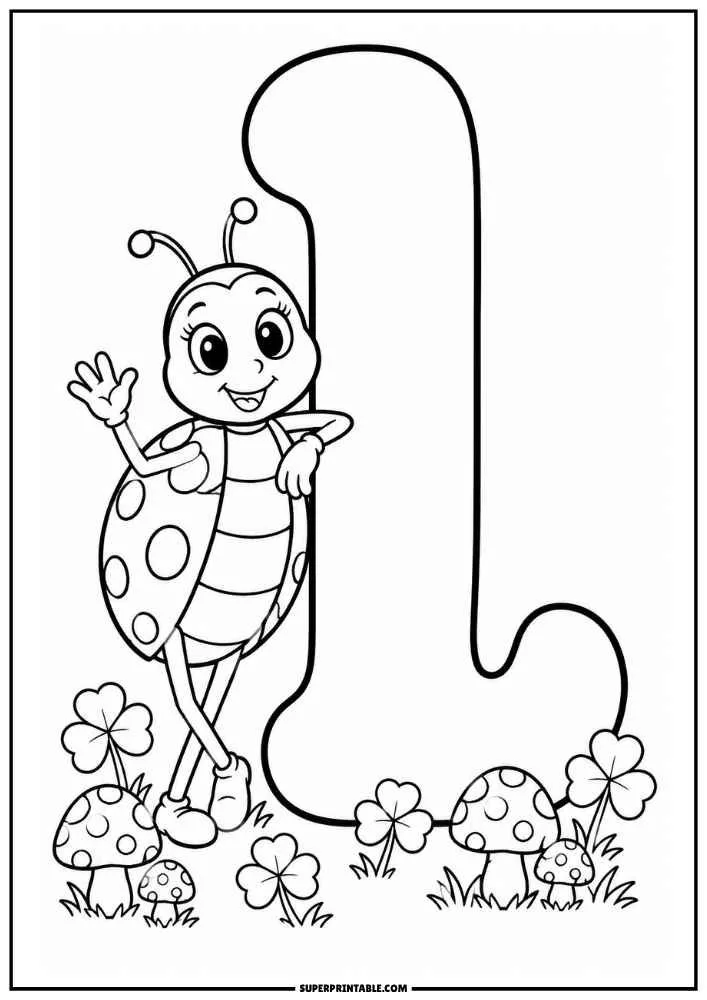 Lowercase letter l with a ladybug, mushrooms, clovers, and grass.