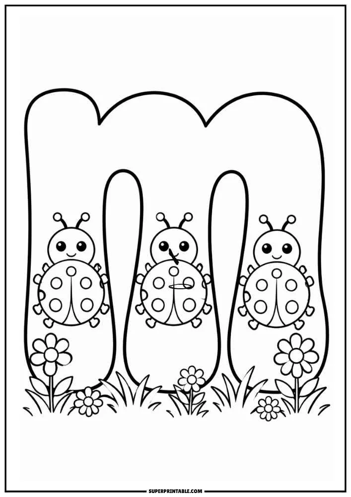 Lowercase letter m with three ladybugs, flowers, and grass.