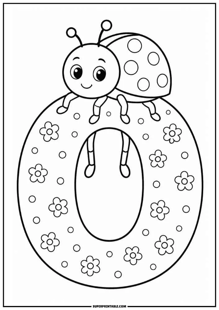 Lowercase letter o with a ladybug and flower decorations.