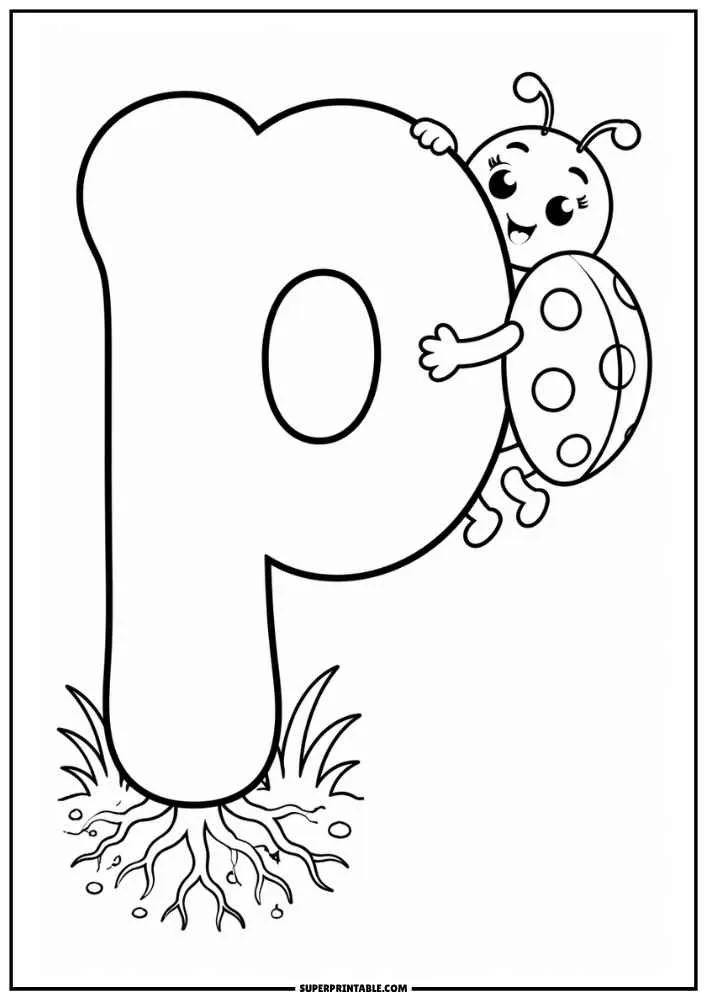 Lowercase letter p with a ladybug, roots, and grass.