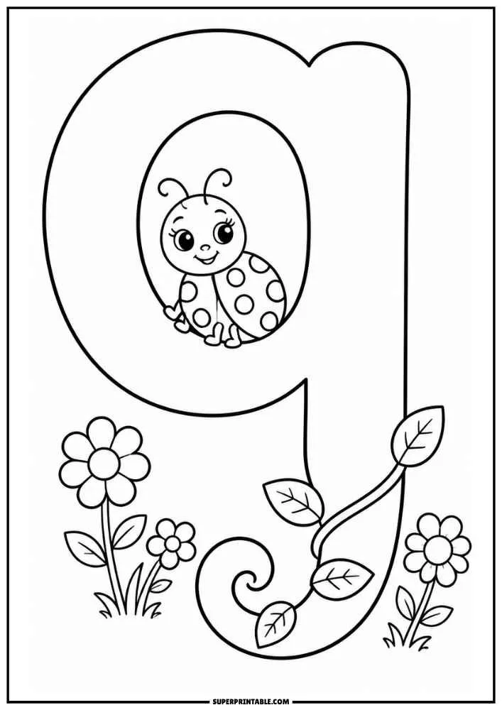 Lowercase letter q with a ladybug, flowers, leaves, and vines.
