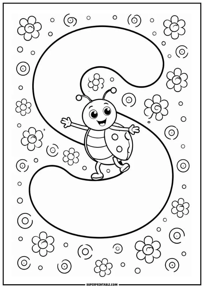 Lowercase letter s with a ladybug, flowers, dots, and swirls.