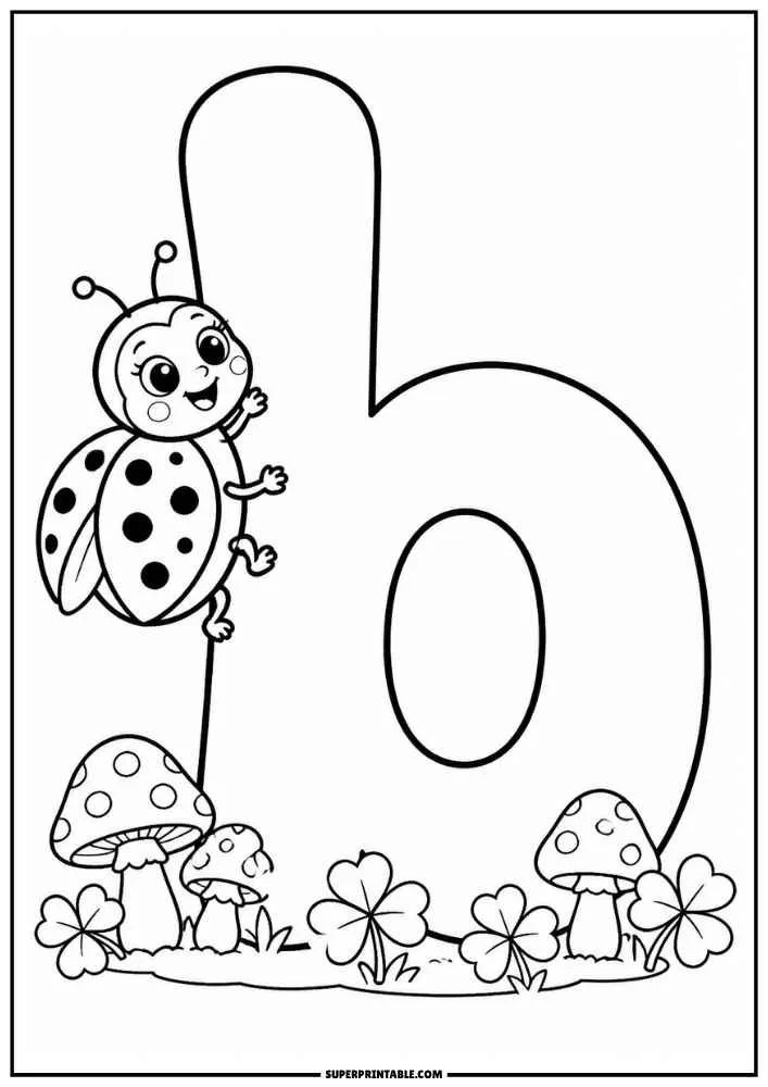 Lowercase letter b with a ladybug, mushrooms, clovers, and grass.