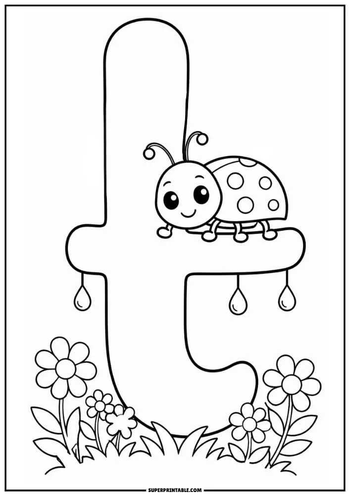 Lowercase letter t with a ladybug, flowers, grass, and raindrops.
