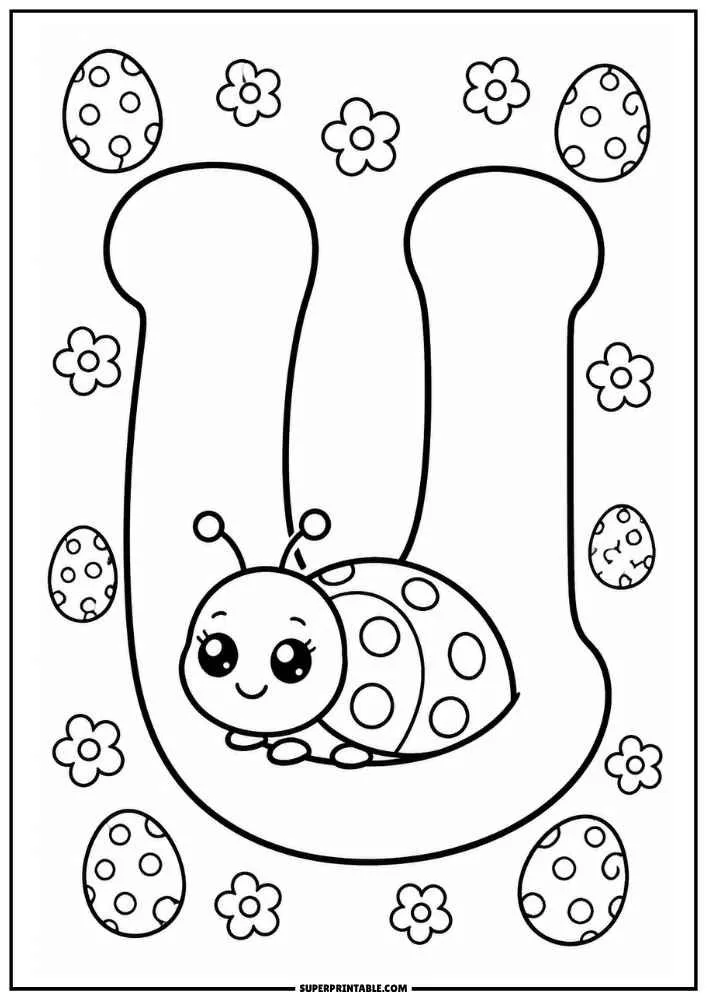 Lowercase letter u with a ladybug, flowers, and patterned eggs.