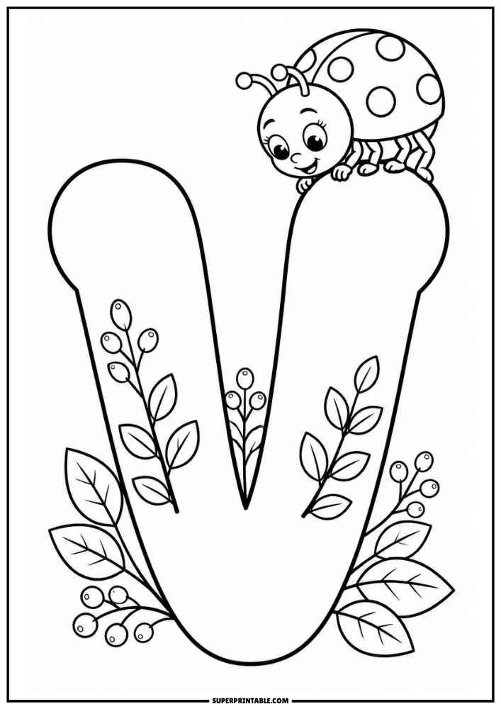 Lowercase letter v with a ladybug, leaves, berries, and plants.