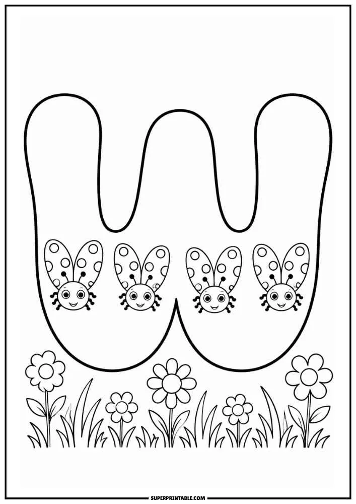 Lowercase letter w with four ladybugs, flowers, and grass.