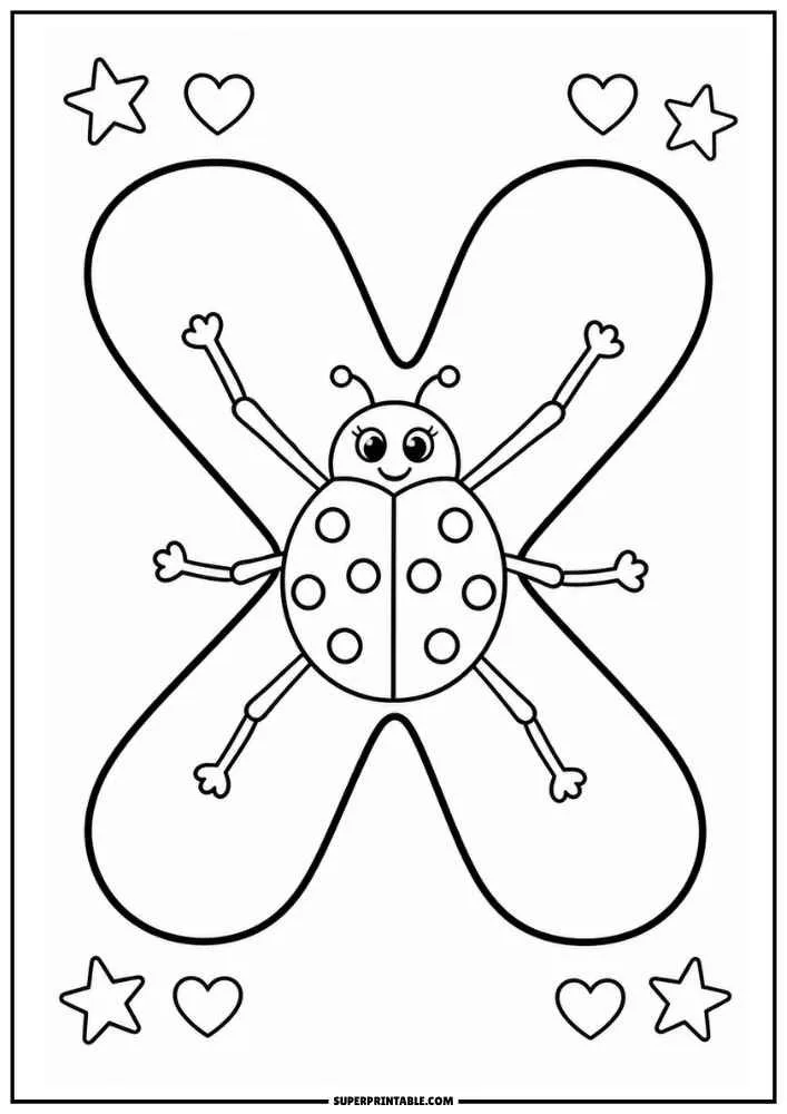 Lowercase letter x with a ladybug, hearts, and stars.