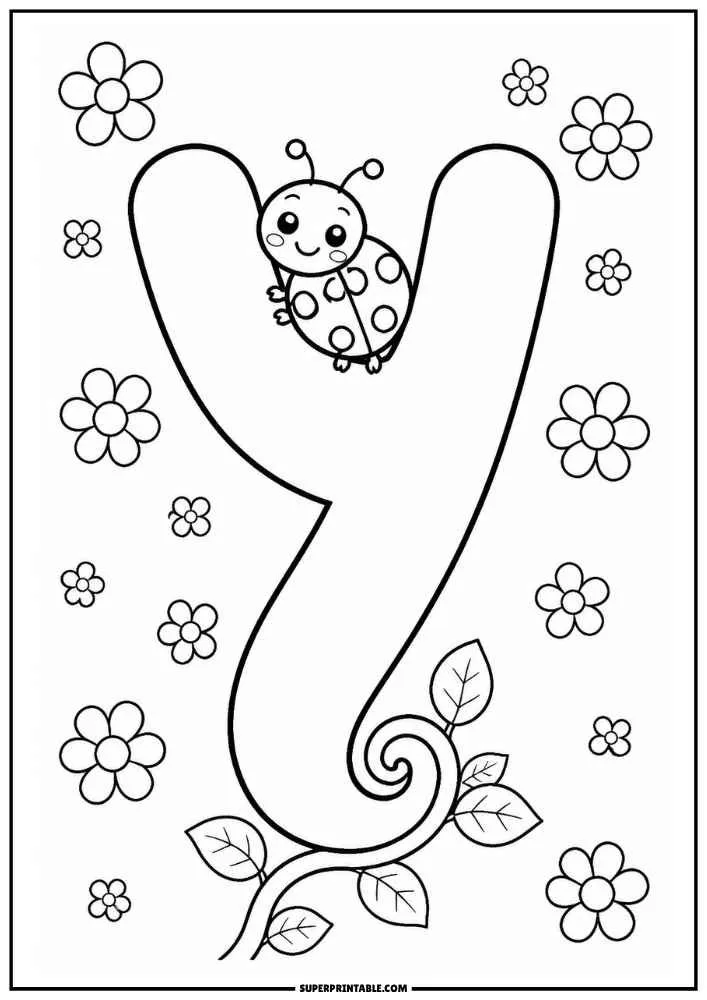 Lowercase letter y with a ladybug, flowers, leaves, and vines.