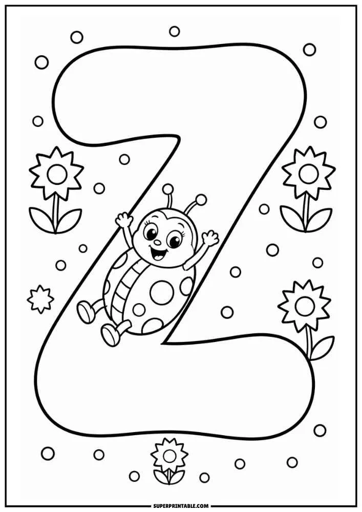 Lowercase letter z with a smiling ladybug, flowers, and decorative dots.