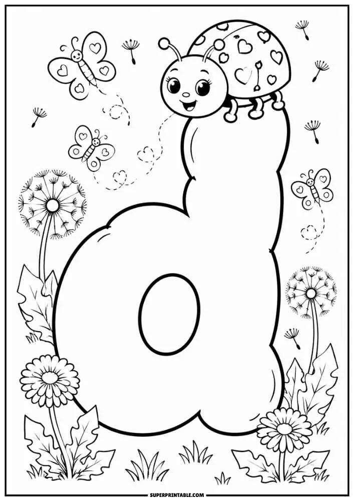 Lowercase letter d with a ladybug, butterflies, flowers, and dandelions.