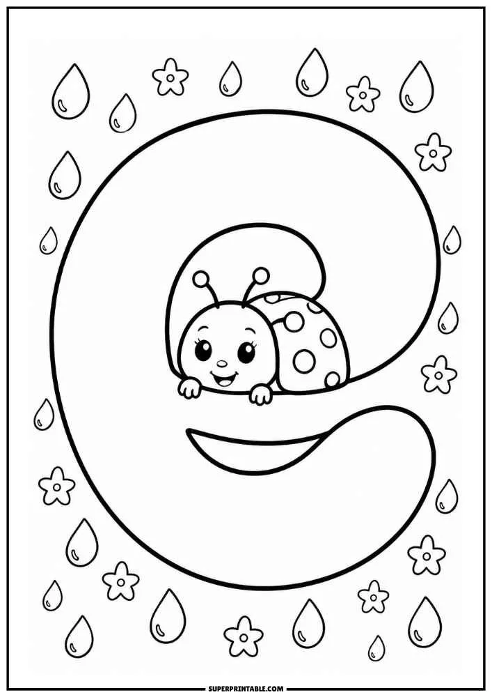 Lowercase letter e with a ladybug, raindrops, and flowers.