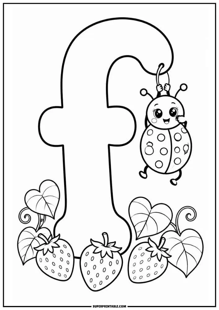 Lowercase letter f with a ladybug, strawberries, and leafy vines.