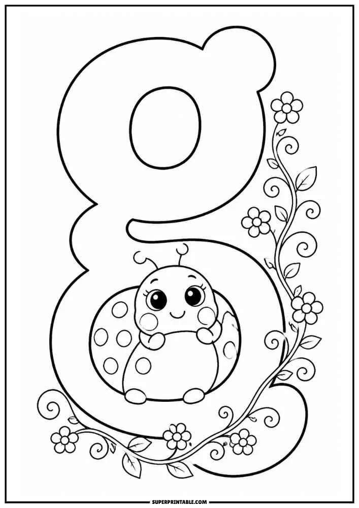 Lowercase letter g with a ladybug, flowers, leaves, and vines.